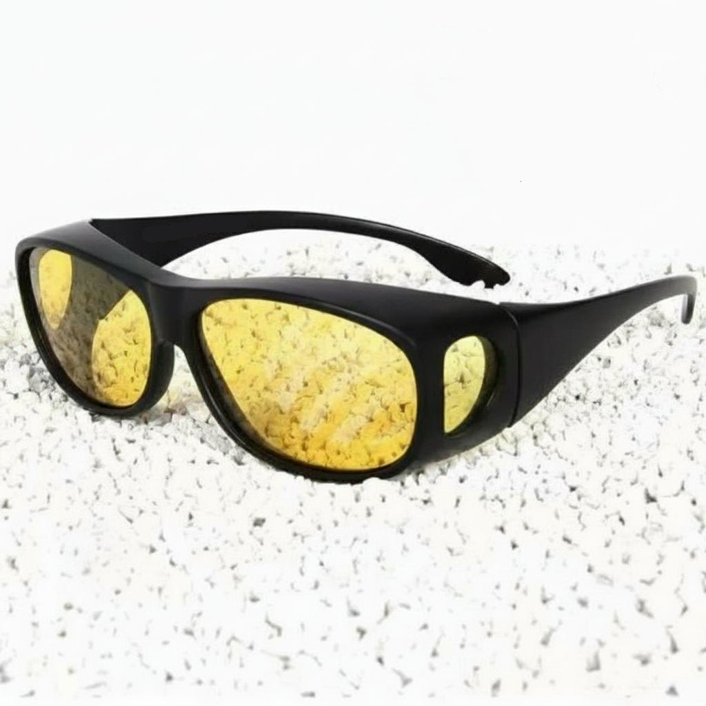 Close-up of HD night vision eyewear, designed for glare protection during night, fog, and rain driving.