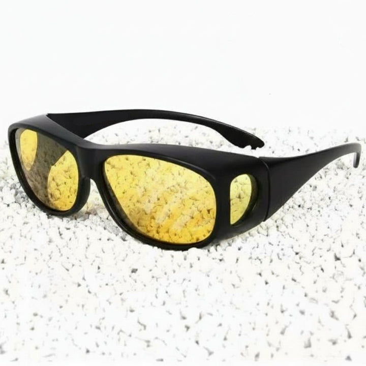 Close-up of HD night vision eyewear, designed for glare protection during night, fog, and rain driving.