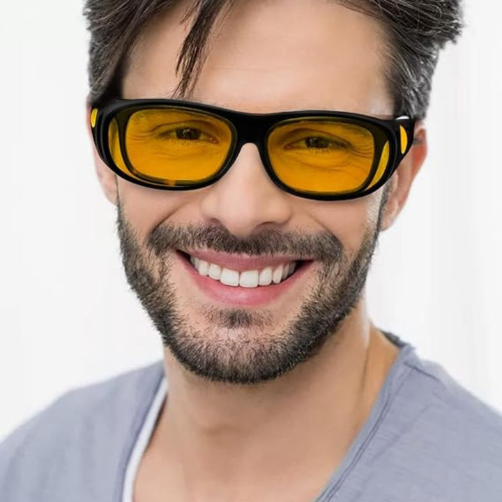 Stylish anti-glare driving glasses with yellow lenses, enhancing vision and safety for night driving.