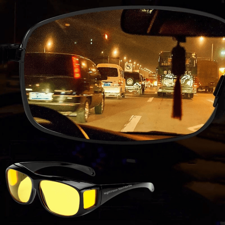 Yellow-tinted HD night vision glasses, essential eyewear for safe driving in low light, fog, or rain.