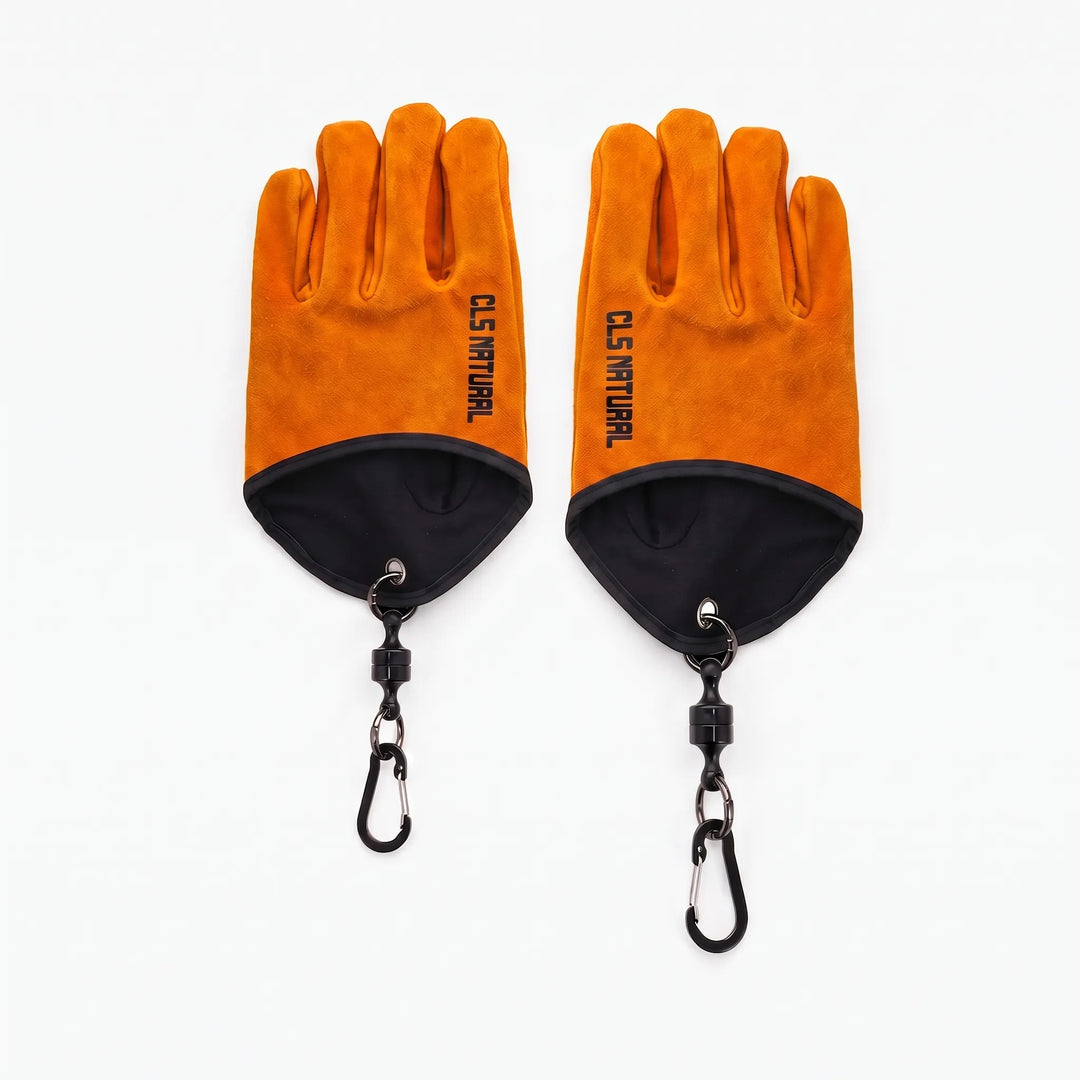 Heavy-duty heat-resistant safety gloves protecting hands during grilling, camping, and outdoor BBQ cooking.