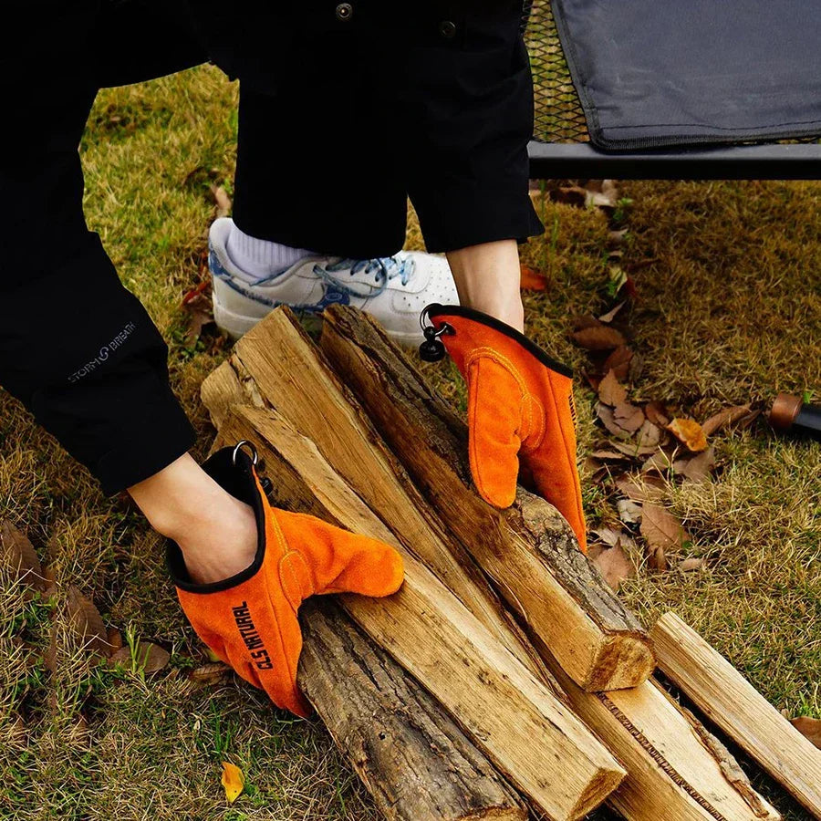 Durable heat-resistant camping gloves for outdoor cooking, campfire management & grilling. Unisex protective gear.