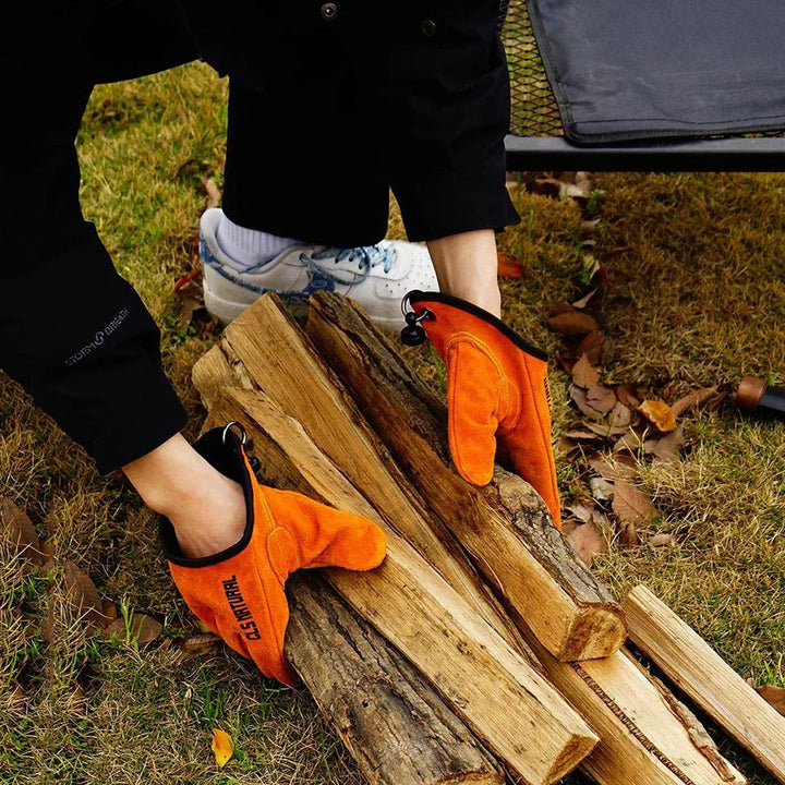 Durable heat-resistant camping gloves for outdoor cooking, campfire management & grilling. Unisex protective gear.
