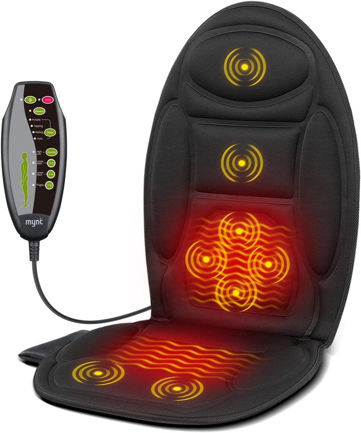 Unisex heated massage cushion pad for chair & car seat; offers back pain relief & muscle relaxation.