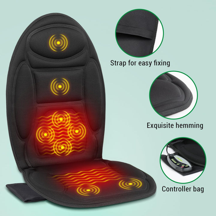 Heated chair massager with vibrating nodes for back pain relief, muscle relaxation at home or office.