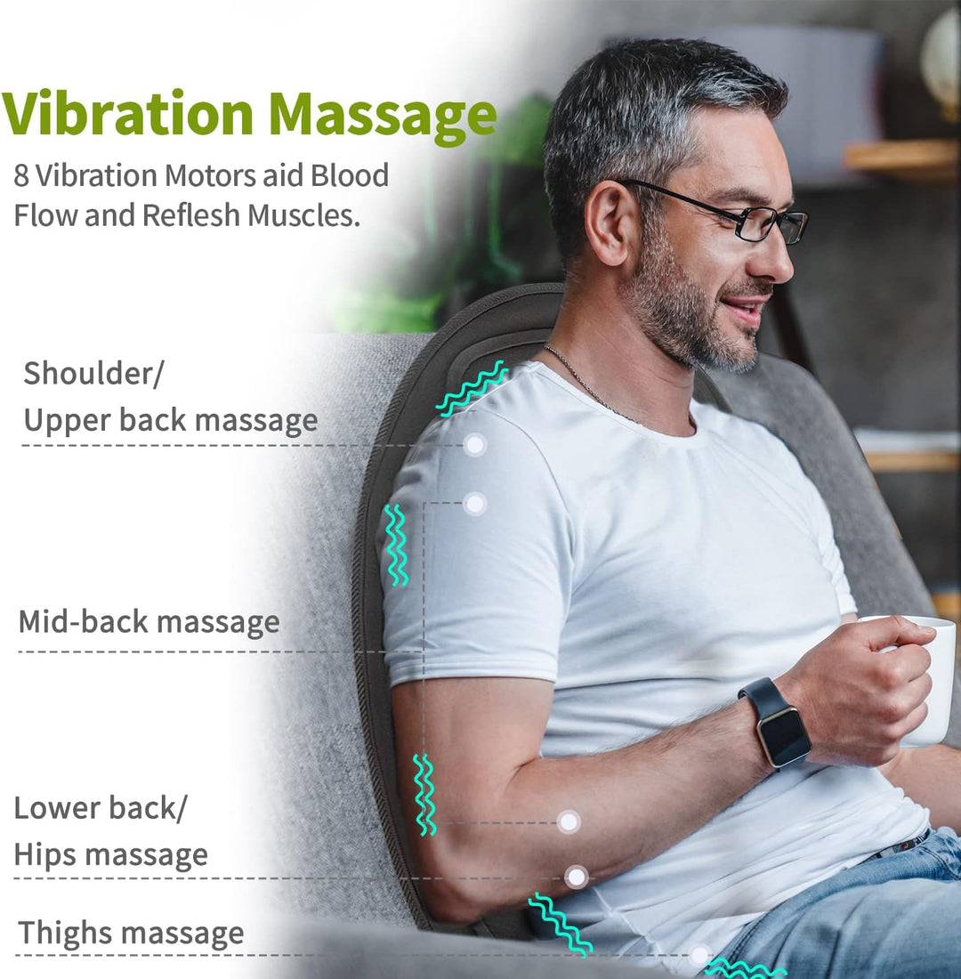 Unisex heated massage pad for chair or car, targets back & neck, promotes comfort & pain relief.