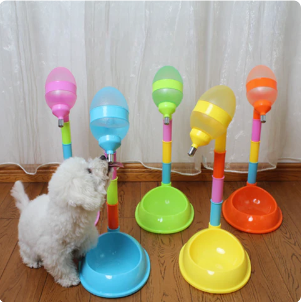 Pet water dispenser with three adjustable height settings shown for easy pet feeding