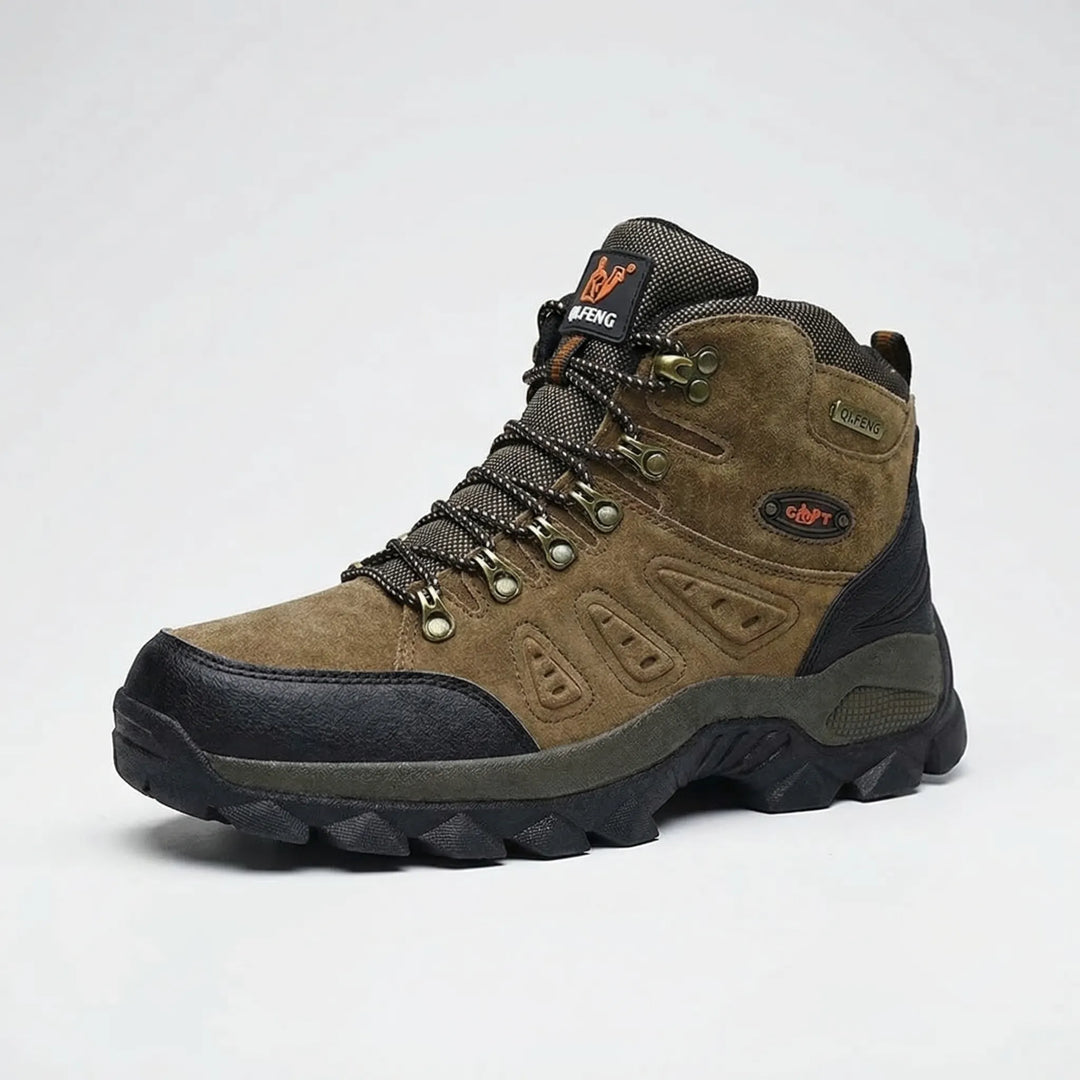 Lace-up unisex high-top hiking boots, perfect outdoor footwear for rugged trail adventures.