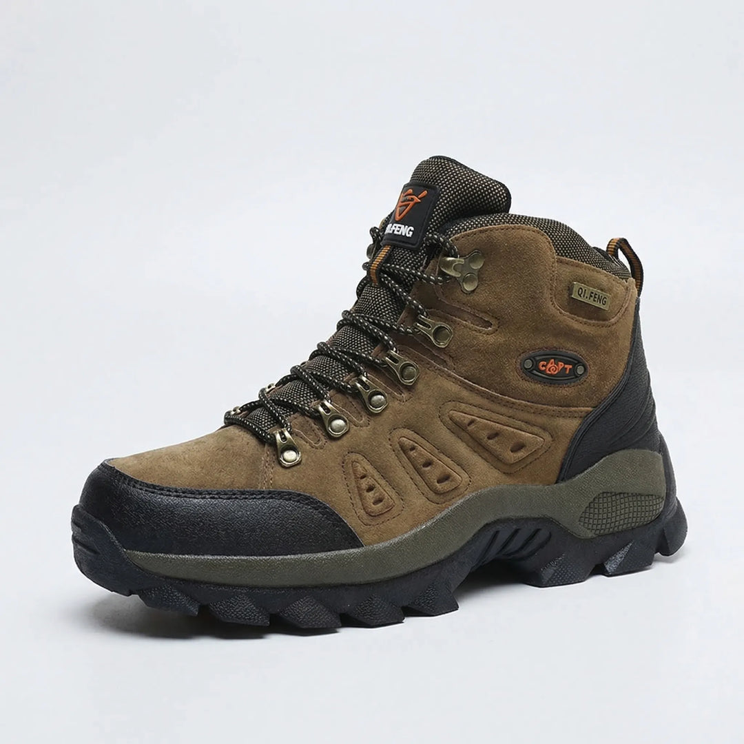 Rugged high-top hiking boots, offering ankle support & traction for challenging trail adventures.