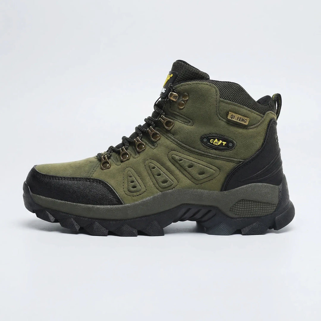 All-terrain high-top hiking boots with strong grip, durable gear for outdoor trail adventures.