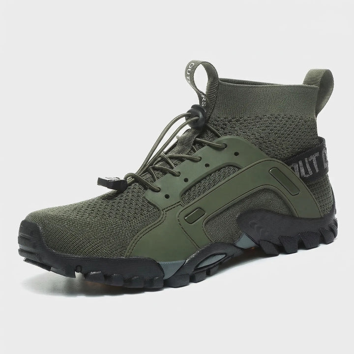Unisex high-top trail shoes featuring an advanced grip sole for secure all-terrain hiking. Quick-dry and comfortable footwear.