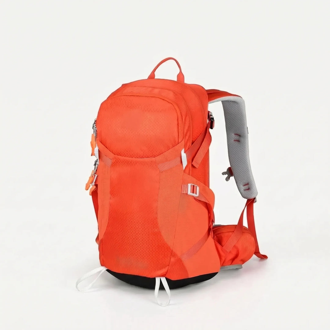Back view of a supportive hiking backpack, showcasing ventilated mesh panel for breathability.