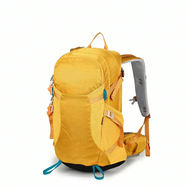 Side view of a durable hiking daypack, showing water bottle pockets and compression straps.