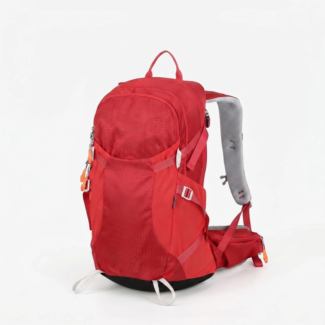 Ventilated hiking daypack, black/grey, supportive for long treks & camping, unisex adventure gear.