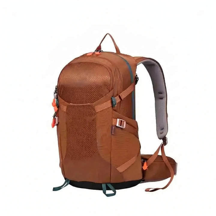 Front view of a sleek, black unisex hiking daypack, ready for any outdoor journey or travel.
