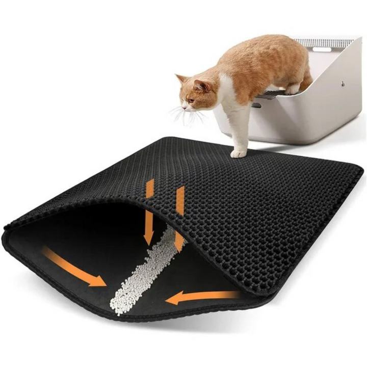 Black honeycomb cat litter mat with a cat paw print graphic, emphasizing pet care and cleanliness