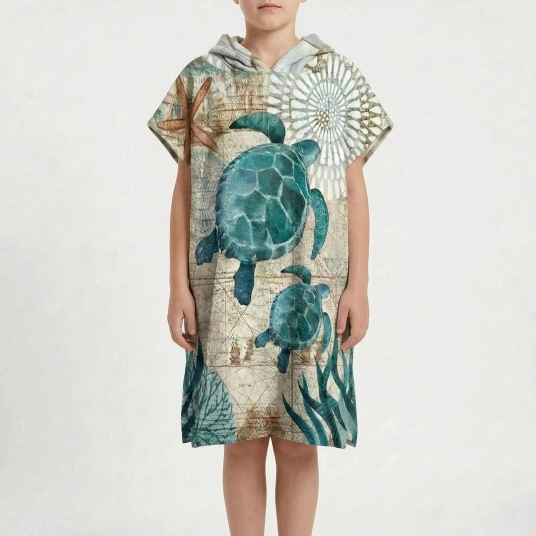 Nautical-themed quick-dry poncho, a practical hooded swim cover-up for the whole family.