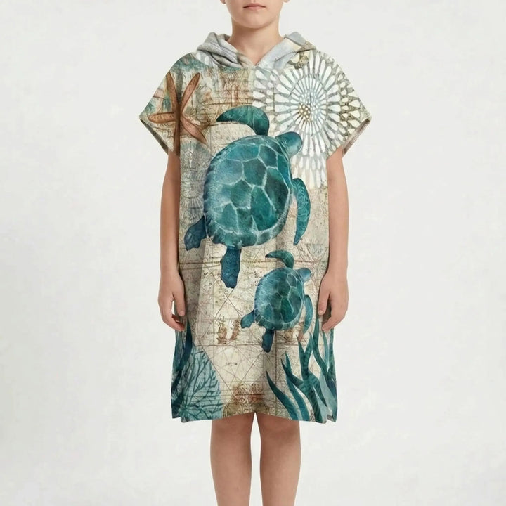 Nautical-themed quick-dry poncho, a practical hooded swim cover-up for the whole family.