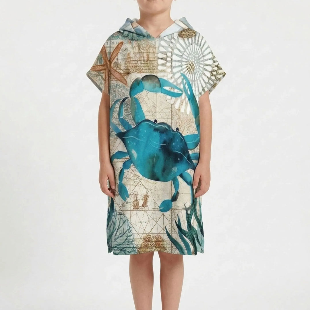Unisex hooded beach robe with an octopus print, perfect for water sports and poolside comfort.