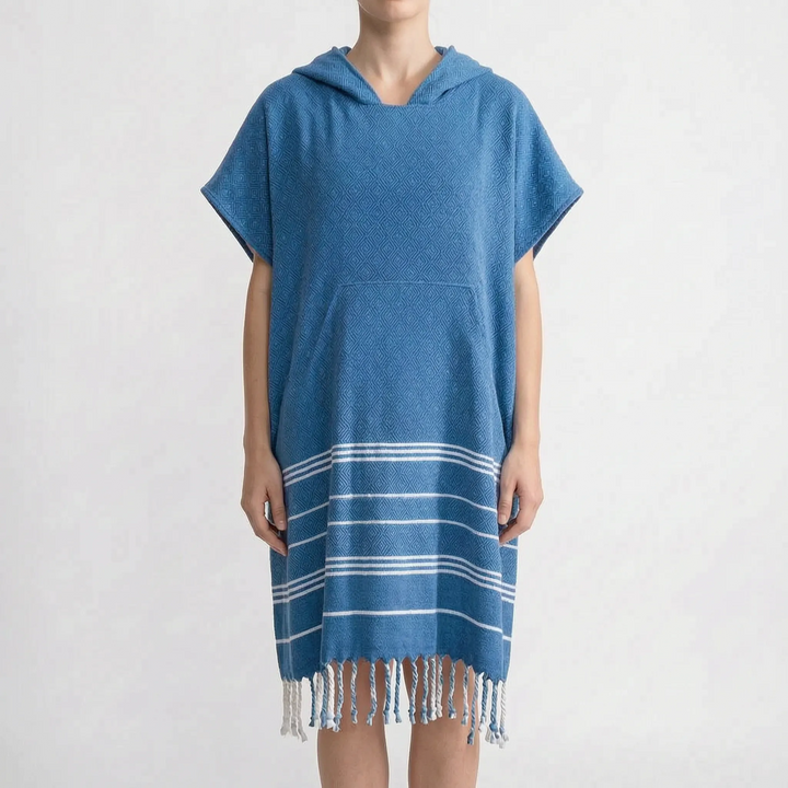 Soft, sand-resistant hooded beach towel poncho, practical swim changing robe and beachwear.
