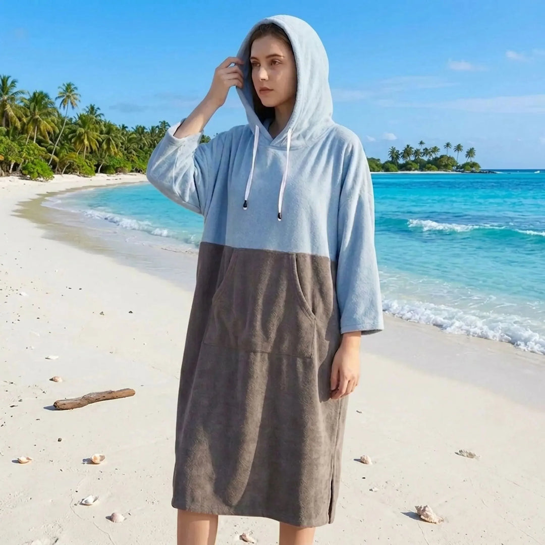 Unisex hooded changing robe for discreet beach & pool changing. Quick-dry swim cover-up, post-watersports.