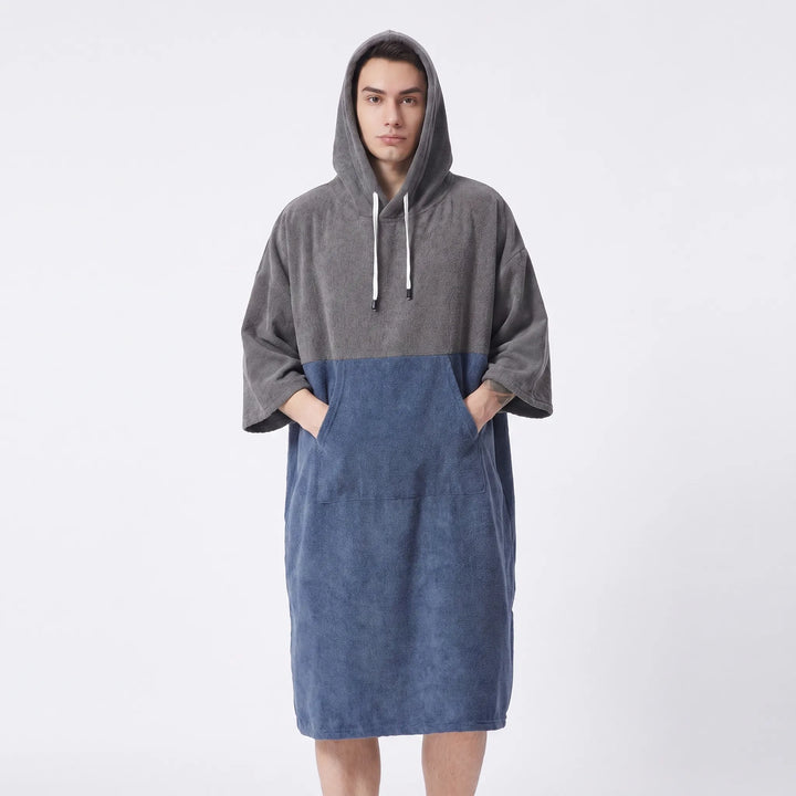 Warm, quick-dry hooded changing robe for post-watersports, beach, or pool comfort. Essential travel accessory.