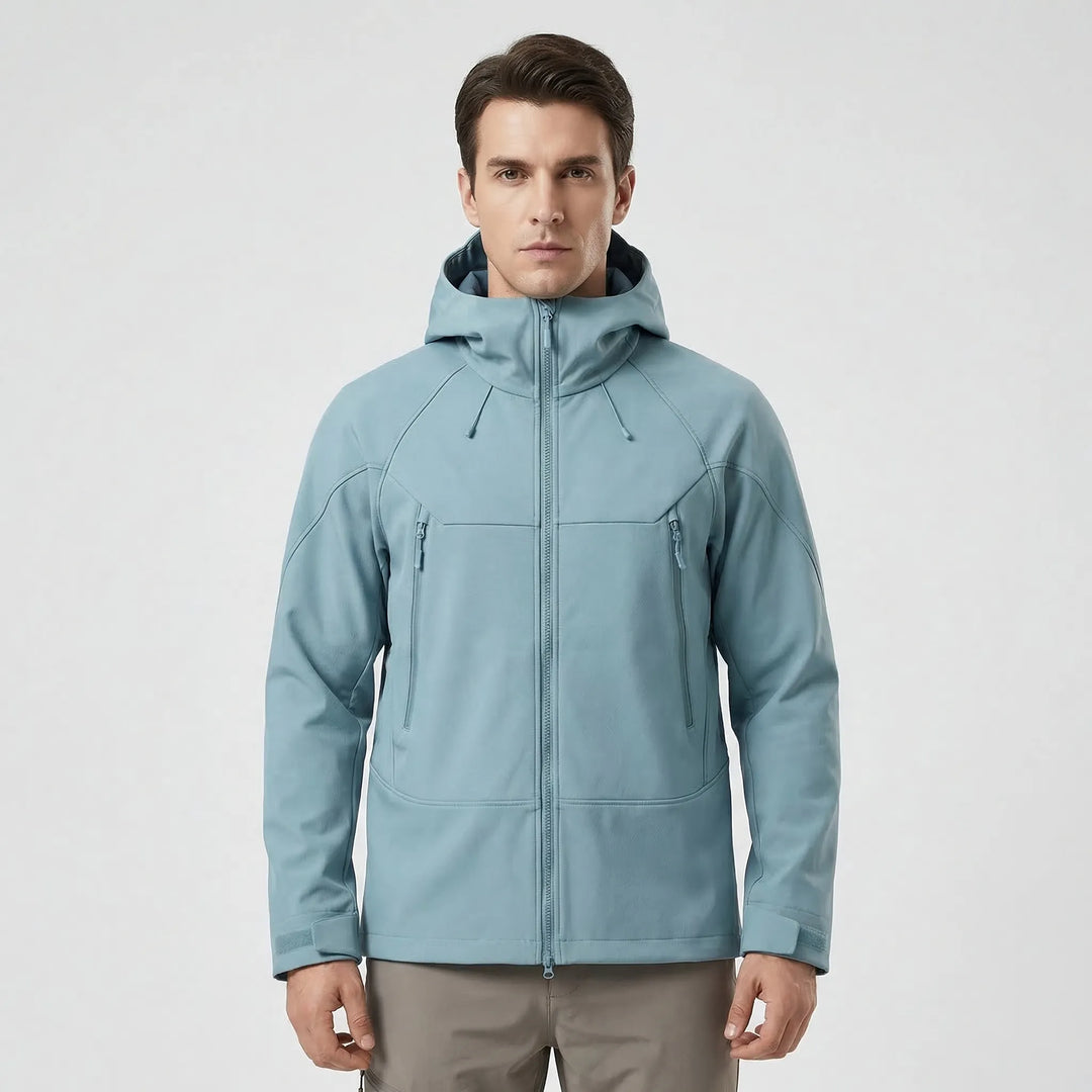 Durable all-weather unisex jacket with adjustable hood, wind & water resistant for outdoor activities.