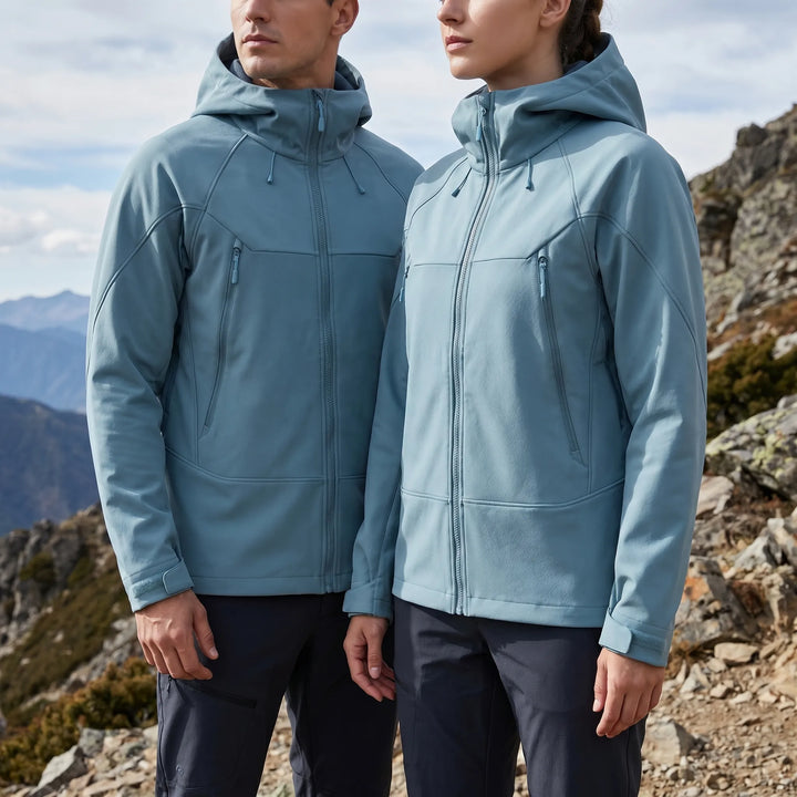 Robust all-weather hooded jacket, wind & water repellent, designed for unisex outdoor adventure.