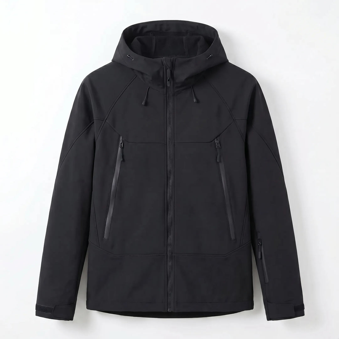 Adjustable hooded outdoor jacket, unisex, providing all-weather protection for trekking & adventure.