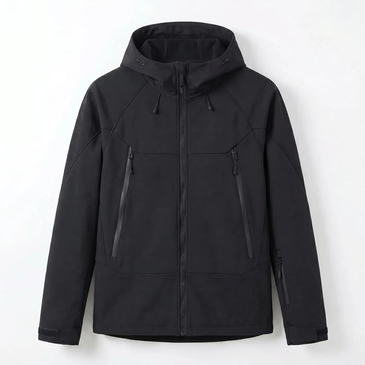 Adjustable hooded outdoor jacket, unisex, providing all-weather protection for trekking & adventure.