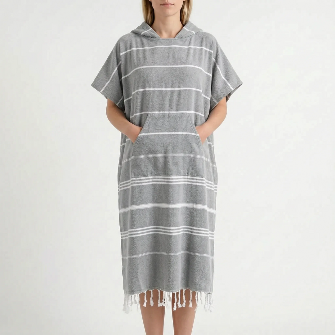 Comfortable hooded changing poncho, quickly drying after swimming, an essential beach & swim robe.