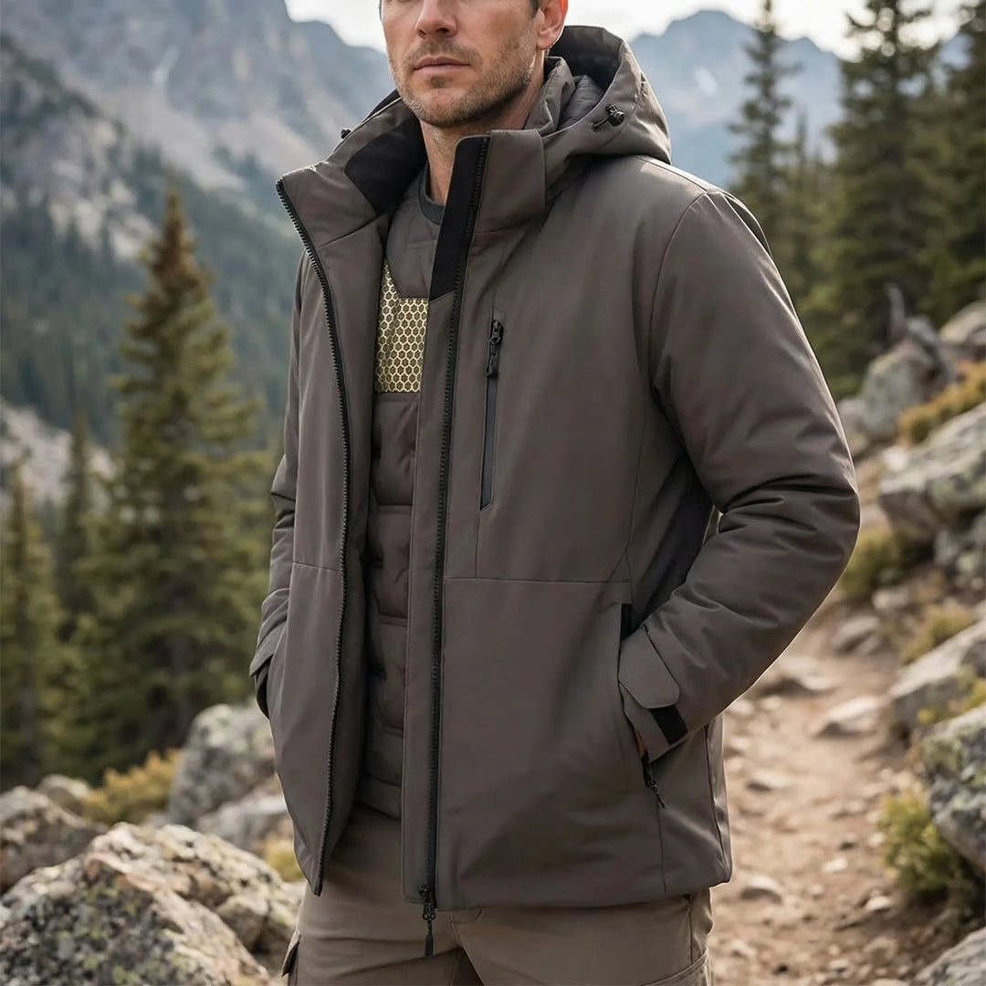 Unisex Hooded Thermal Windbreaker Jacket for winter outdoor activities. Insulated, weatherproof outerwear.