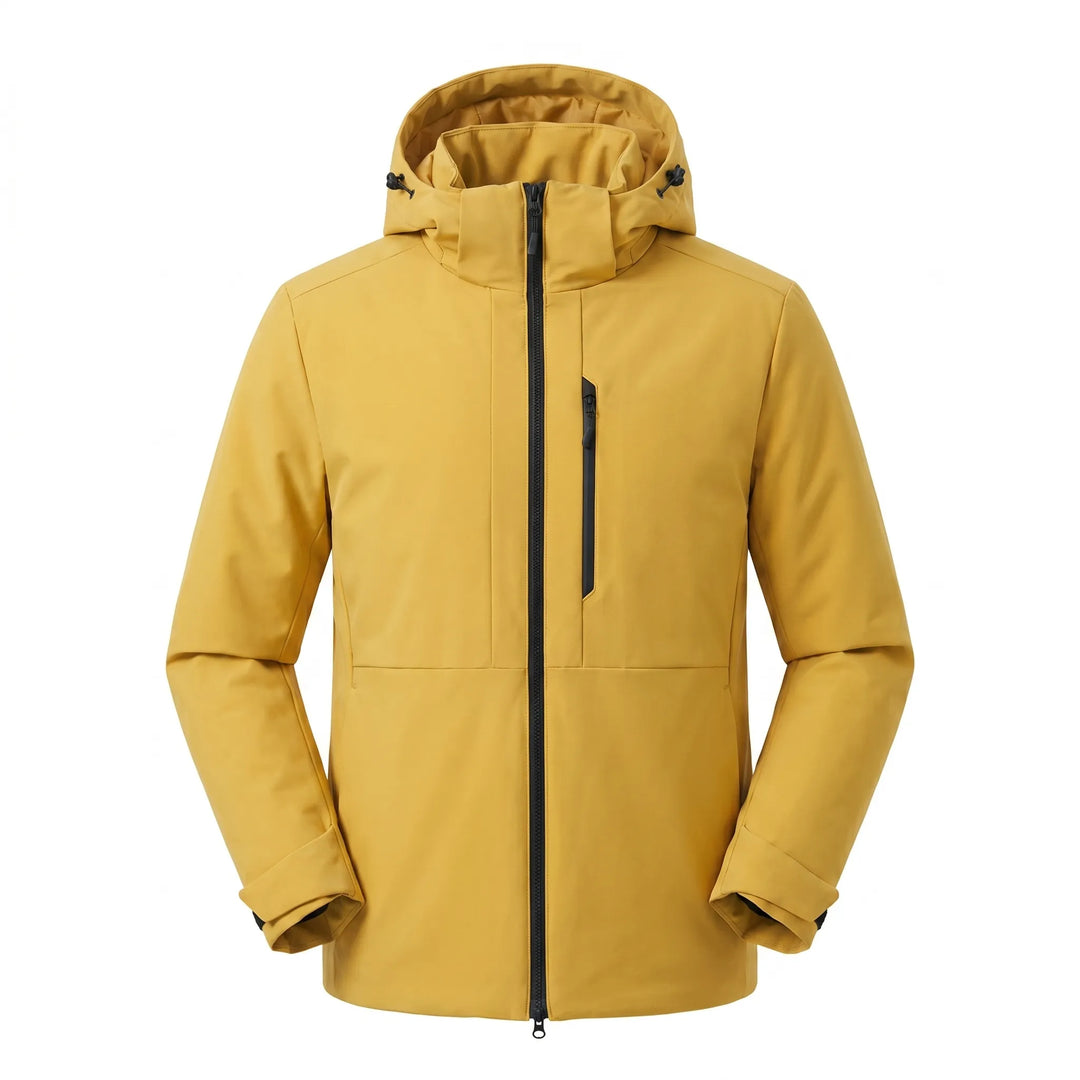 Full-length view of a practical unisex thermal windbreaker jacket with hood. Perfect for winter outdoor use.