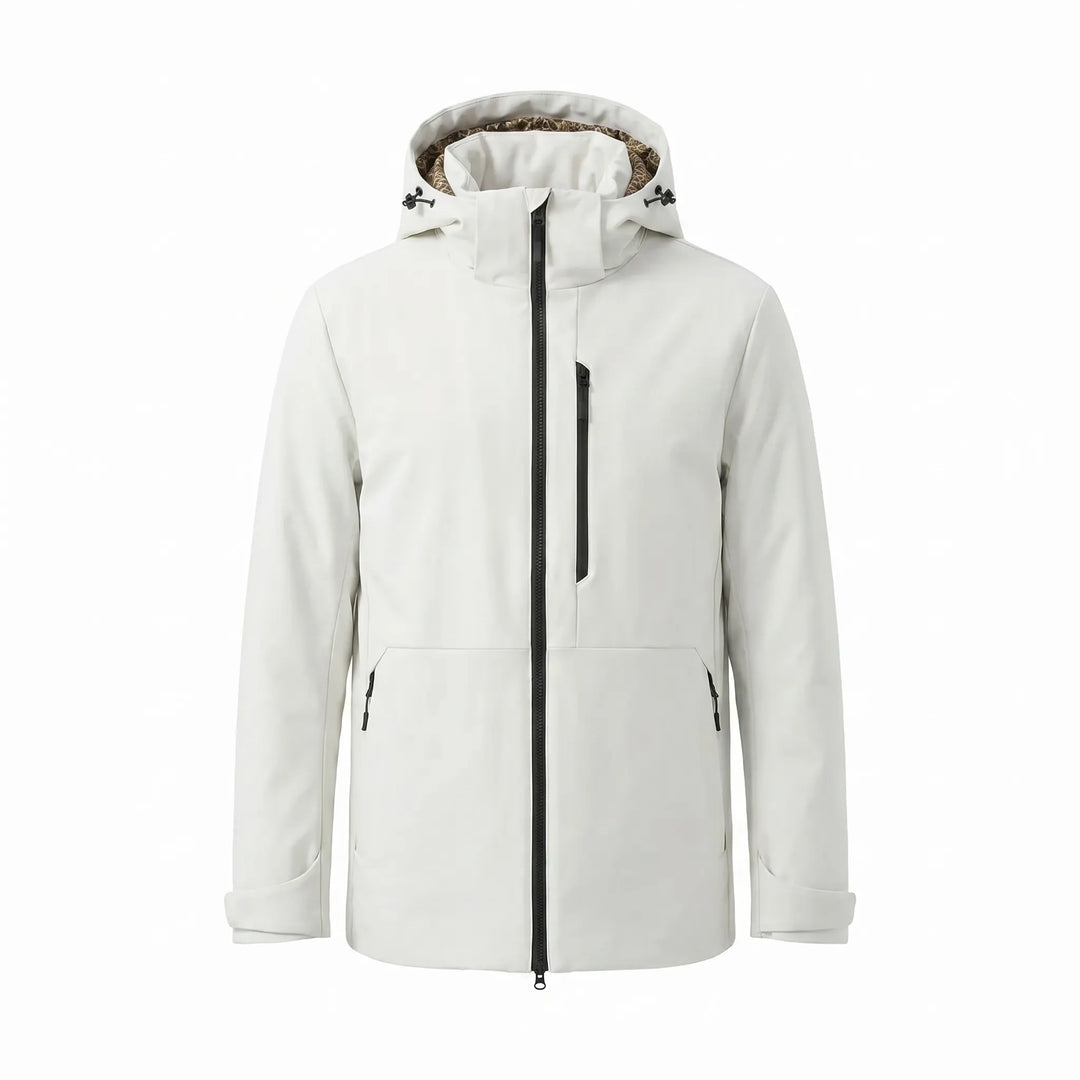 Detail of the durable fabric & adjustable hood on this unisex thermal windbreaker winter outdoor jacket.