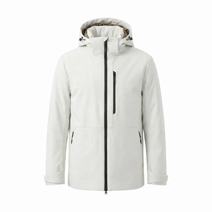 Detail of the durable fabric & adjustable hood on this unisex thermal windbreaker winter outdoor jacket.