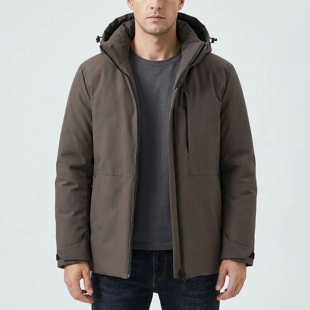 Warm unisex thermal windbreaker jacket with hood for hiking & camping in cold winter weather.