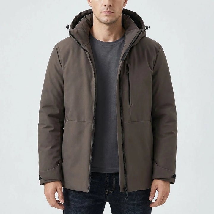 Warm unisex thermal windbreaker jacket with hood for hiking & camping in cold winter weather.