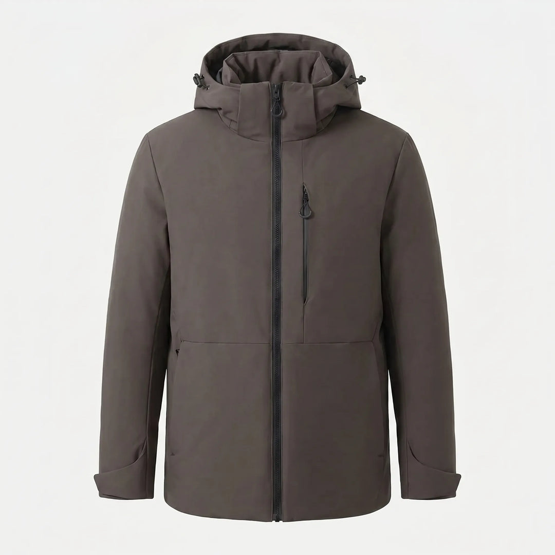 Rugged hooded thermal windbreaker jacket, unisex design for superior warmth & protection in winter outdoor.