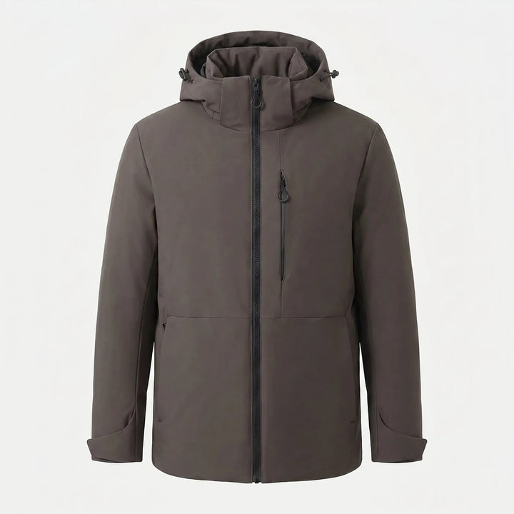 Rugged hooded thermal windbreaker jacket, unisex design for superior warmth & protection in winter outdoor.