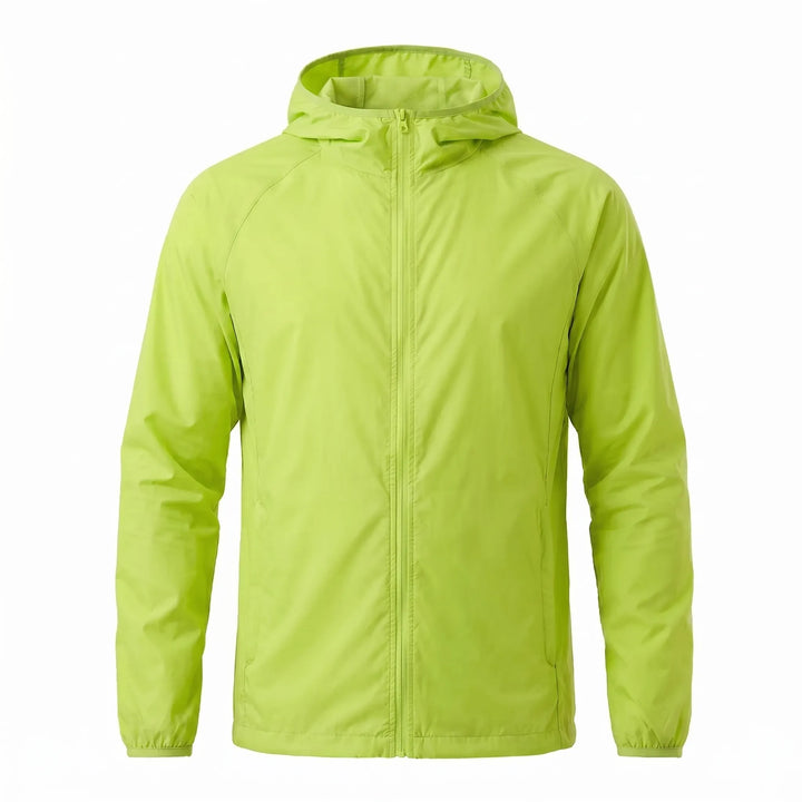 Front view of a black unisex hooded windbreaker jacket, ready for your next outdoor adventure.