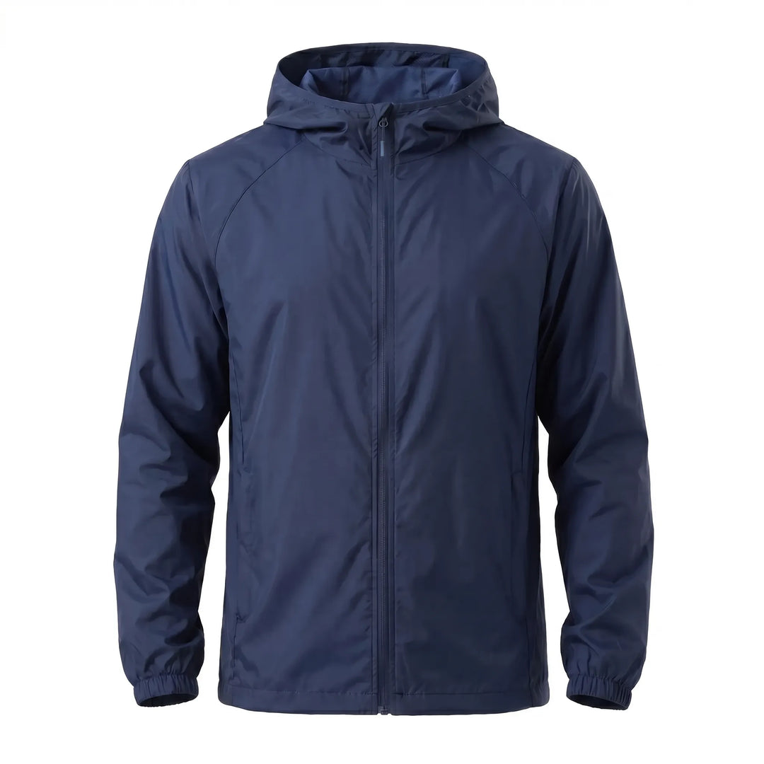 Side profile of a blue hooded windbreaker jacket, showing its lightweight design for hiking.