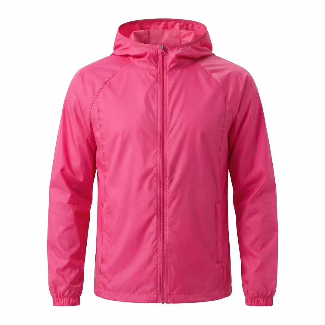 Detail shot of the zipper & hood on a water-resistant unisex windbreaker for outdoor use.