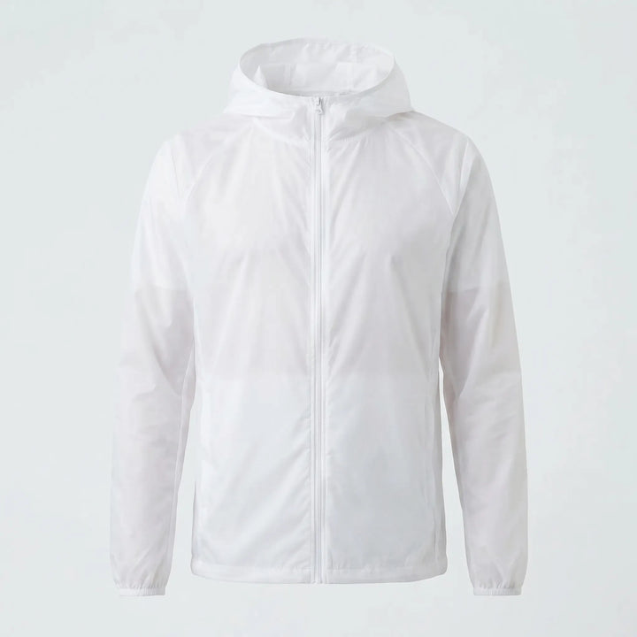 Model wearing a unisex hooded windbreaker, demonstrating its comfort & flexibility for activewear.