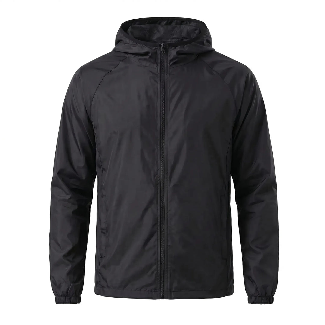 Packable lightweight hooded windbreaker, ideal travel jacket for changeable outdoor weather.