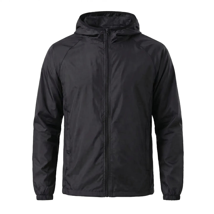 Packable lightweight hooded windbreaker, ideal travel jacket for changeable outdoor weather.