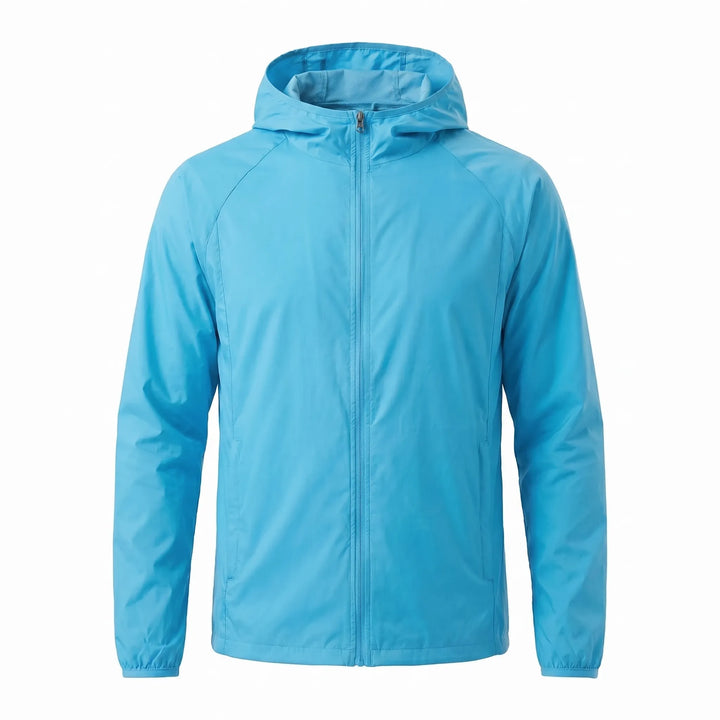 Protective hooded windbreaker for camping, a water-resistant unisex jacket for all seasons.