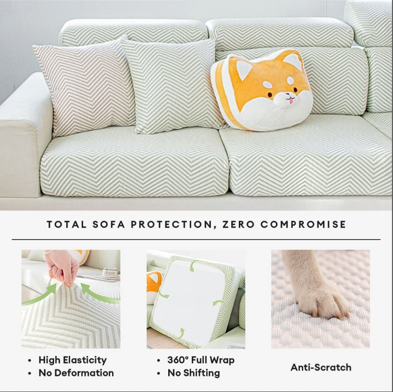 Home decor view of a modern sofa covered with a cooling ice silk stretch slipcover.