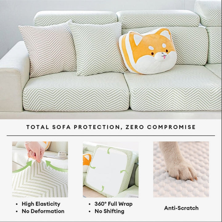Home decor view of a modern sofa covered with a cooling ice silk stretch slipcover.