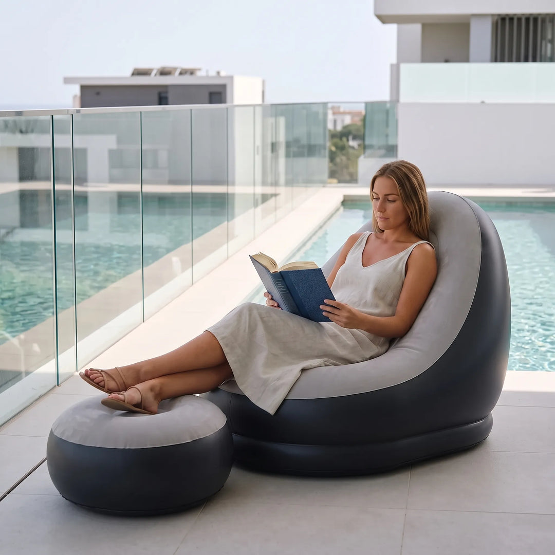 Unisex inflatable lounge chair and ottoman set, perfect for indoor and outdoor relaxation.
