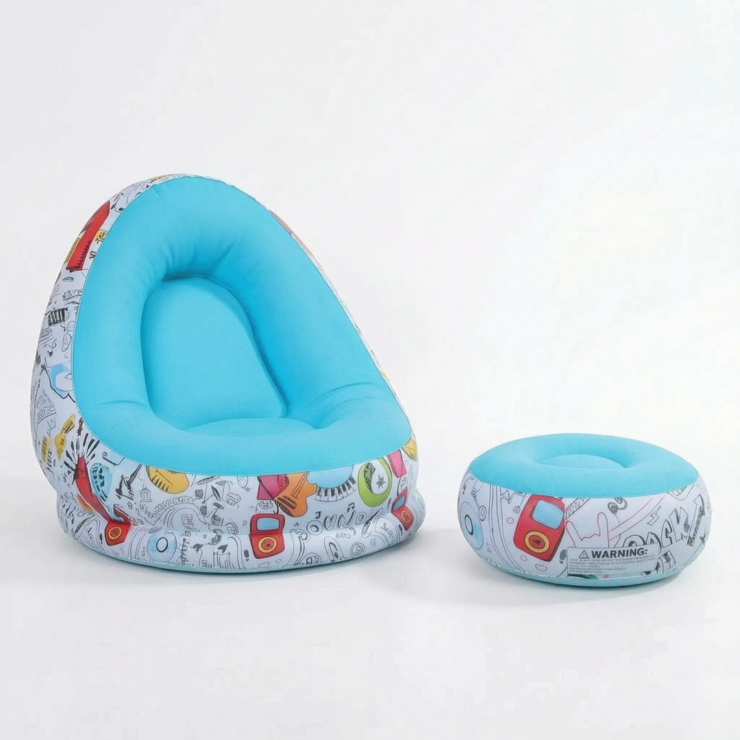 Convenient inflatable guest seating set, featuring a lounge chair & footrest for indoor/outdoor use.